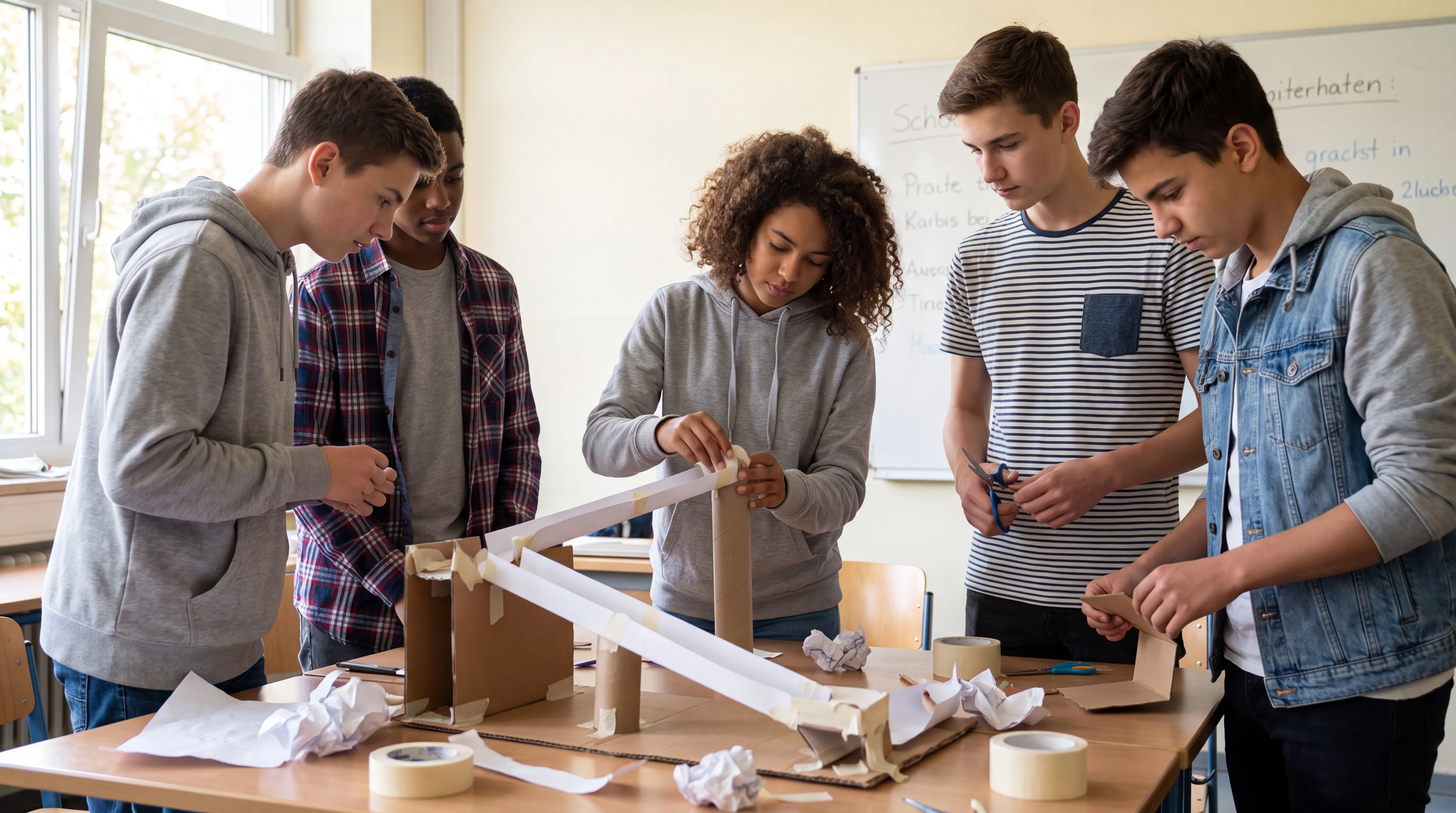 Schülerinnen und Schüler arbeiten gemeinsam an einem handlungsorientierten projekt in der Klasse