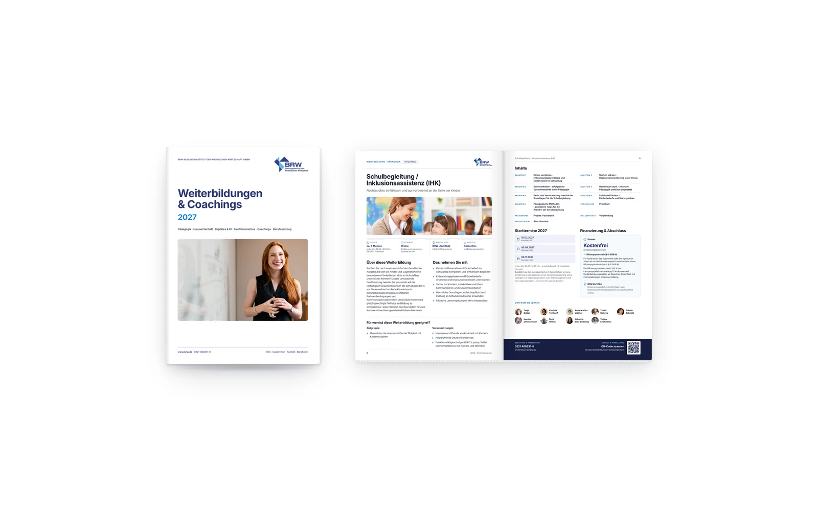 Der BRW-Katalog „Weiterbildungen & Coachings 2027“: Titelseite und eine aufgeschlagene Doppelseite