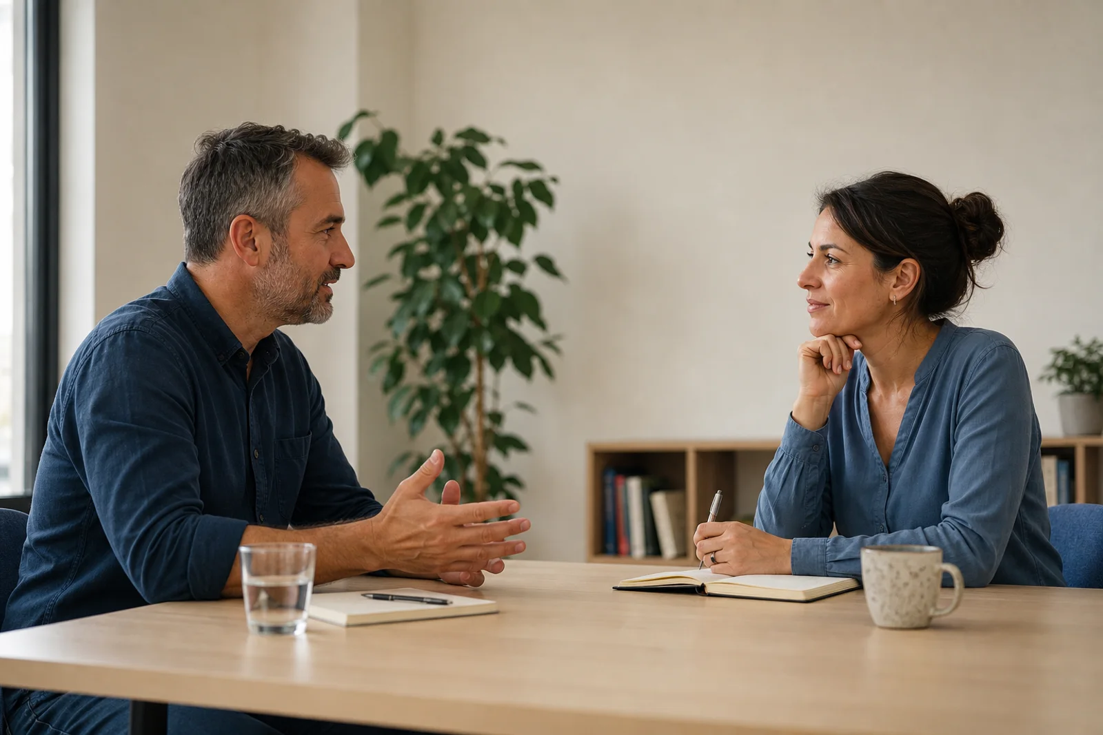 Zwei Personen im vertraulichen Gespräch während eines Coachings