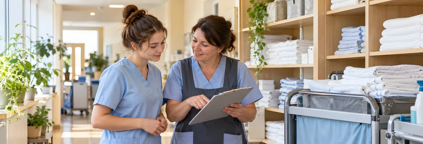 Erfahrene Hauswirtschafterin arbeitet eine neue Kollegin ein
