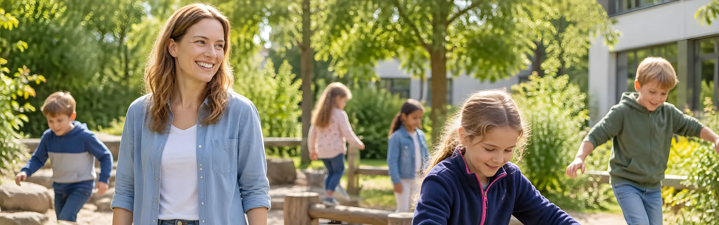 Pädagogische Fachkraft behält spielende Kinder auf dem Schulhof im Blick
